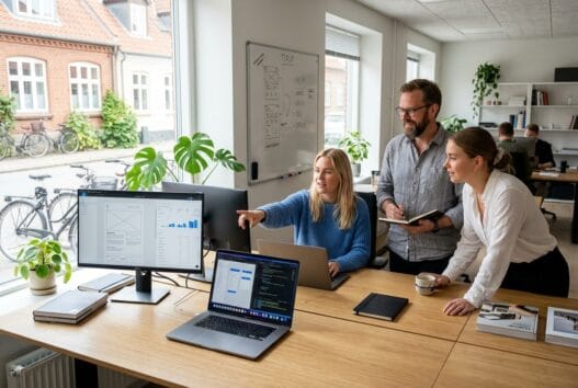 Moderne webbureau i torup med danske fagfolk, der arbejder med digitale løsninger ved computere