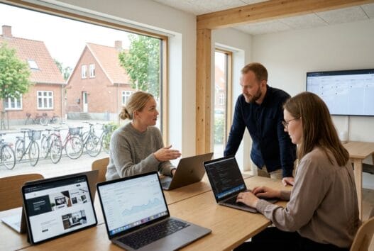 Moderne webbureau i træden med danske medarbejdere, der arbejder ved computere i et lyst kontormiljø