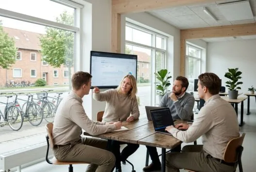 Skandinavisk team arbejder med webdesign og SEO i et moderne kontor i Tranbjerg