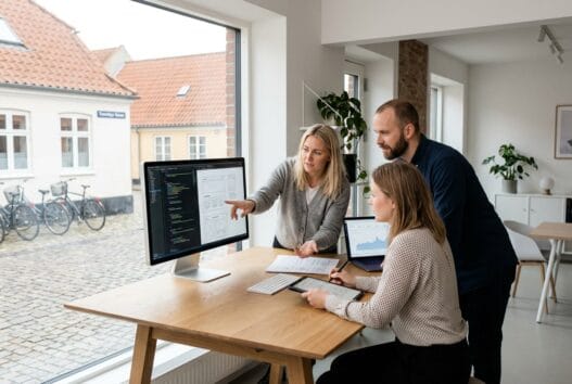 Dansk webbureau i Tranebjerg med team ved computer og digitale dashboards