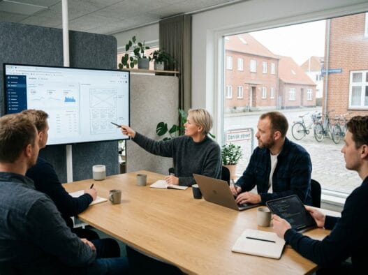 Skandinavisk webbureau i Tranum med team ved computere og digitale dashboards