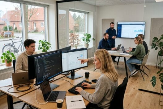 Moderne webbureau i trige med dansk team, der arbejder ved computer og gennemgår digitale løsninger