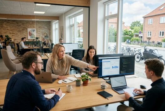 Dansk webbureau i Trørød med team ved computere og digitale dashboards