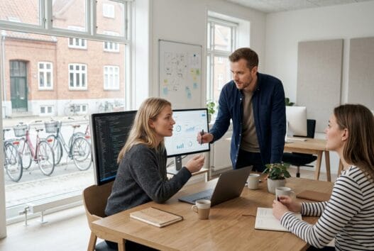 Moderne webbureau i Troldhede med danske medarbejdere foran skærme og digitale dashboards