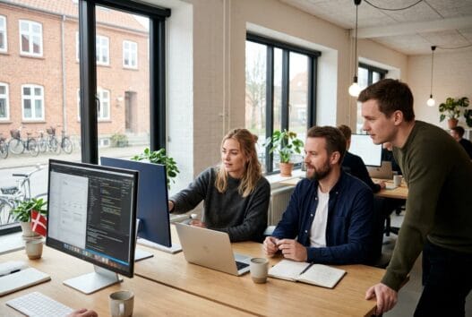 Dansk webbureau i trustrup med team ved computer og digitale dashboards i moderne kontor