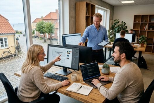 Dansk webbureau-team arbejder med digitale løsninger i tryggelevs moderne kontormiljø