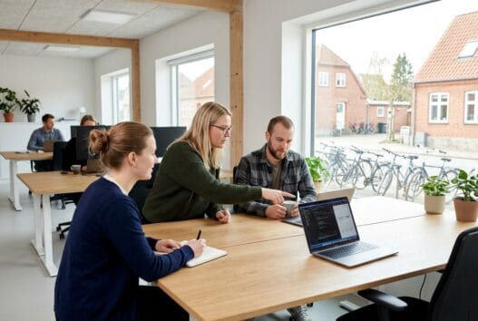 Moderne dansk webbureau i tune med team foran skærme og digitale dashboards