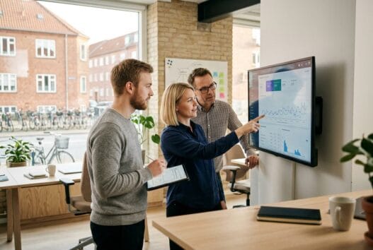 Moderne webbureau i Turup med dansk team, der arbejder ved computere med design og data