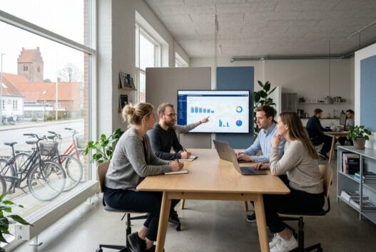 Realistisk hero-billede af dansk webbureau i Tuse med team, skærme og digitalt arbejde