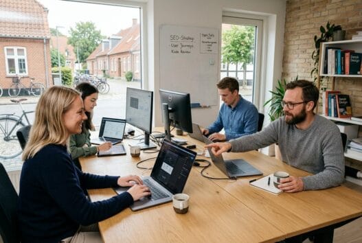 Dansk webbureau i tved med team foran skærme, der arbejder med webdesign, SEO og digital udvikling