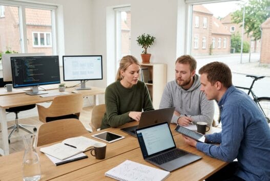 Dansk webbureau i Tvede med team, der arbejder ved computer og analyserer digitale data