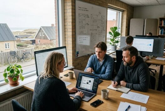 Moderne webbureau i Tversted med skandinavisk team foran computer og digitale dashboards