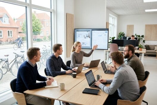 Dansk webbureau i Tvingstrup med team ved computer og digitale dashboards i moderne kontor