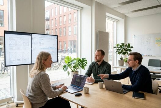 Skandinavisk team arbejder med webdesign og data i et moderne kontor i Tvis