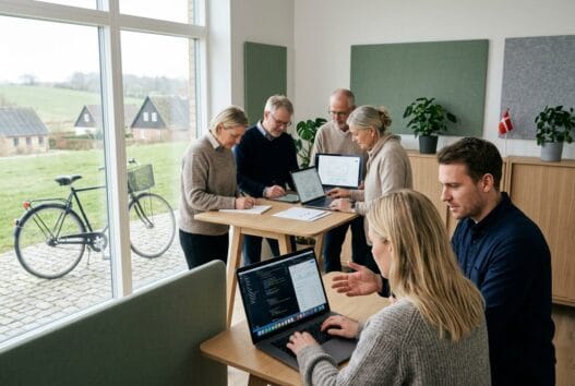 Moderne webbureau i tybjerglille bakker med dansk team ved computere og digitale dashboards