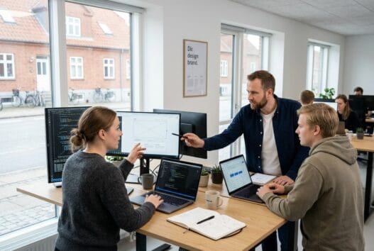 Dansk webbureau i Tylstrup med team ved computere og digitale dashboards