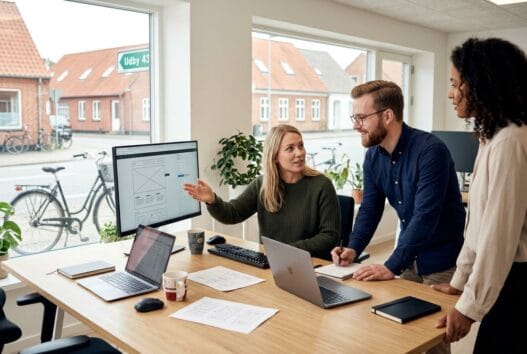 Moderne webbureau i udby (4300) med dansk team ved computer og dashboards