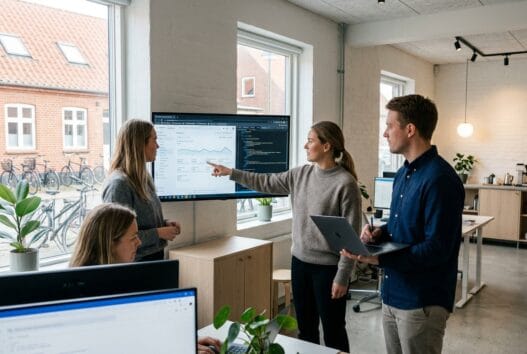 Dansk webbureau i udby (4750) med team, der arbejder med digitale løsninger ved computer
