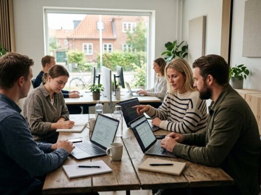 Moderne webbureau i udbyhøj vasehuse med skandinavisk team ved computer og dashboards