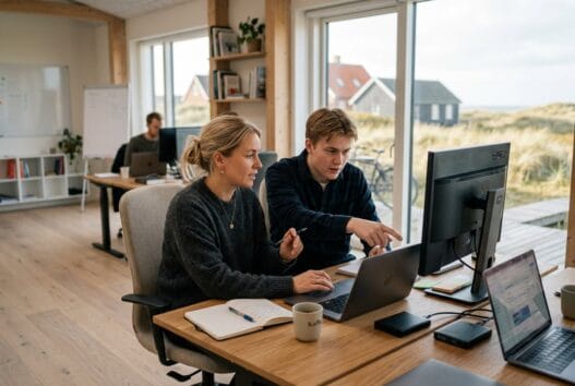 Dansk webbureau i Udsholt Strand med team ved computer og digitale dashboards