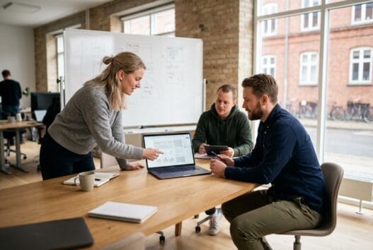 Dansk webteam arbejder med digital strategi, SEO og design på moderne kontor i uge
