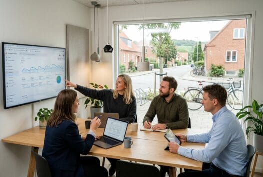 Dansk webbureau i Ugelbølle med team ved computer og digitale dashboards