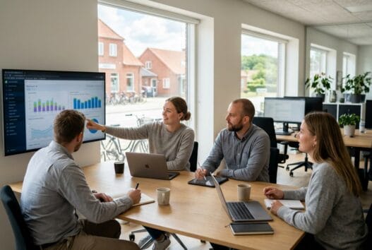 Dansk webbureau i Ugerløse (4400) med team ved computere og digitale dashboards