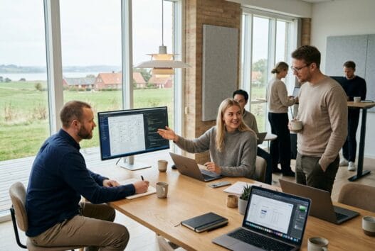 Realistisk kontormiljø med dansk webbureau i Uggelhuse, hvor et team arbejder med digitale løsninger
