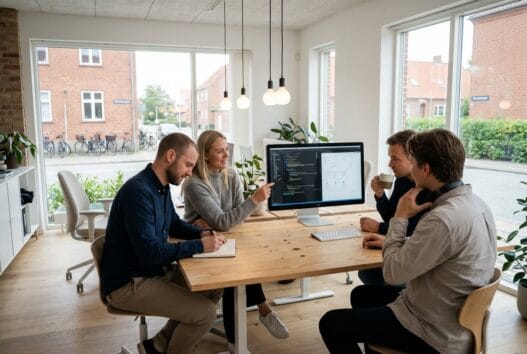 Skandinavisk team arbejder med webdesign og SEO i moderne kontor i Uggerby