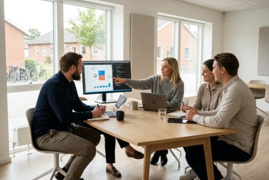 Moderne webbureau i Uggerhalne med dansk team foran skærme og digitale dashboards