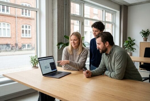 Skandinavisk webbureau i Uglev med team ved computer og digitale dashboards