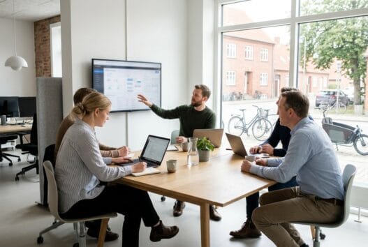 Realistisk kontorscene med dansk webbureau i uhre, hvor et team arbejder med digital strategi og design
