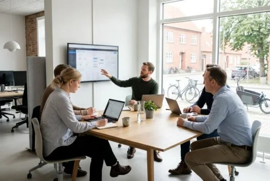 Realistisk kontorscene med dansk webbureau i uhre, hvor et team arbejder med digital strategi og design