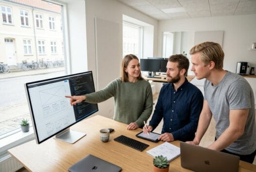 Dansk webbureau i Ulbølle med team ved computer og dashboards i moderne kontormiljø