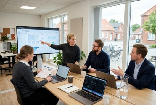 Moderne webbureau i ulfborg med danske medarbejdere foran skærme og digitale dashboards