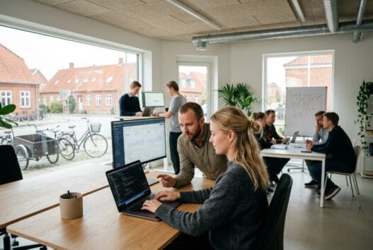 Moderne webbureau i Ullerslev med dansk team foran skærme og digitale dashboards