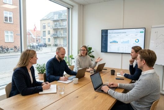 Moderne webbureau i ullerup med dansk team, der arbejder med digitale løsninger ved computere