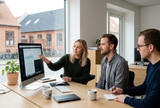 Moderne webbureau i ullits med dansk team, der arbejder med digital strategi ved computere