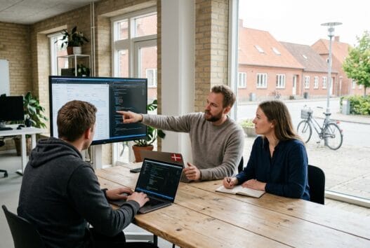 Moderne webbureau i Ulstrup (4400) med dansk team, der arbejder ved computere i lyst kontormiljø