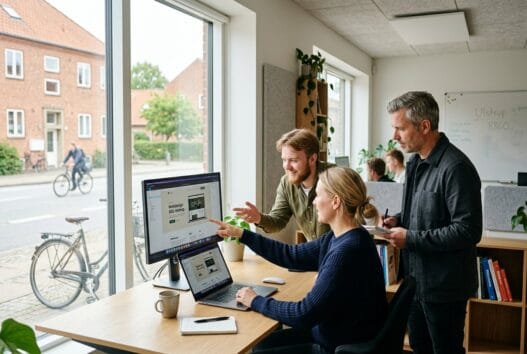 Dansk webbureau-team arbejder ved computere i Ulstrup (8860) med digitale løsninger og data