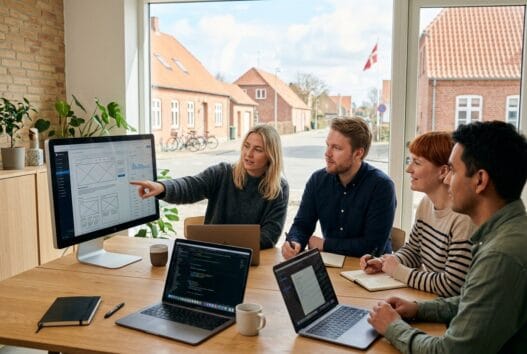 Moderne webbureau i Undloese med dansk team foran computere og digitale dashboards