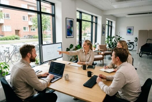 Moderne webbureau i Utterslev med dansk team ved computer og digitale dashboards