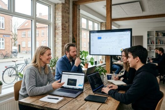 Dansk webbureau i væggerløse med team, der arbejder med digital strategi og design på kontor