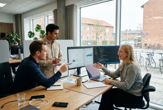 Dansk webdesigner arbejder ved computer i Vallensbæk med digitale løsninger og moderne kontorlys