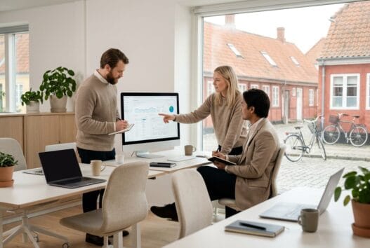 Moderne webbureau i Vallensbæk Landsby med dansk team, der arbejder med digitale løsninger ved computere