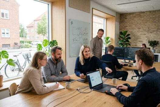 Dansk webbureau i Valløby med team ved computer og dashboards i lyst, moderne kontormiljø