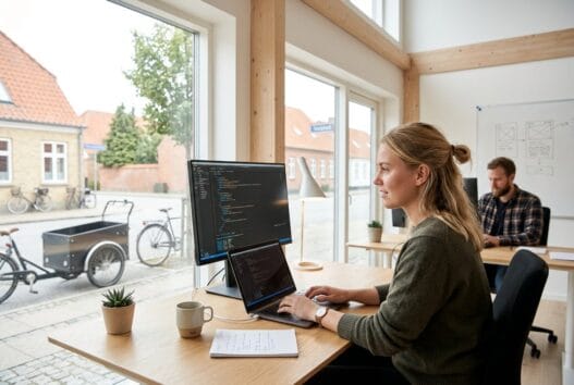 Moderne webbureau i Valsted med dansk team foran skærme og digitale dashboards