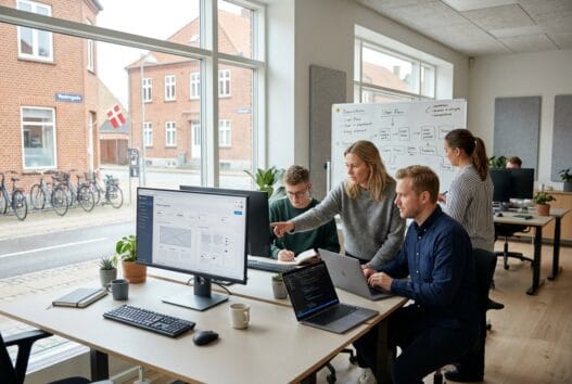 Dansk webbureau i Vamdrup med team ved computer og digitale dashboards