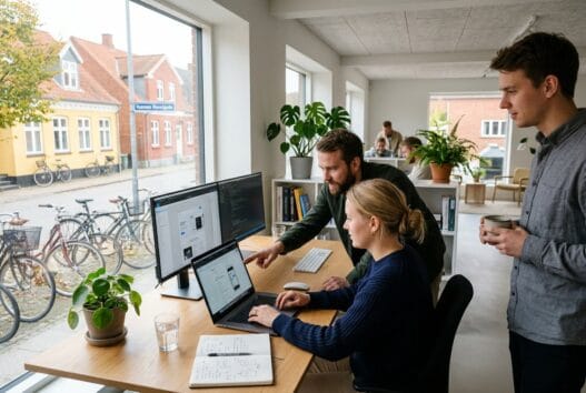 Moderne webbureau i vammen med dansk team, der arbejder ved computer og gennemgår digitale løsninger