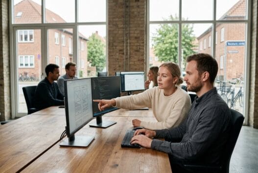Dansk webbureau i vandel med team ved computer og dashboards i moderne kontormiljø
